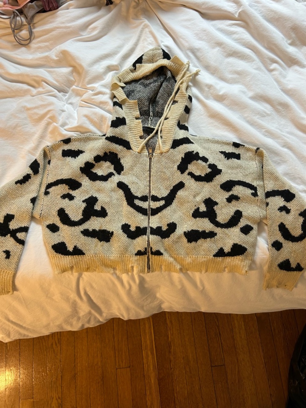 Dance & Marvel Cream and Black Knit Zip-Up Hoodie Cardigan